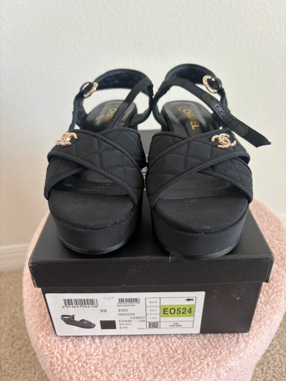 CHANEL Black Quilted Platform Sandals with Gold CC Hardware